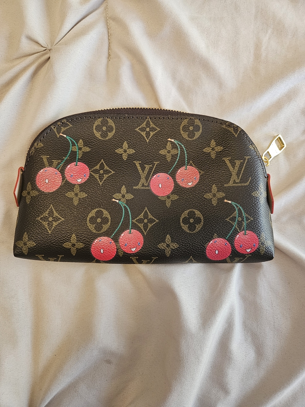 Brown Monogram Cosmetic Pouch with Red Cherry Print